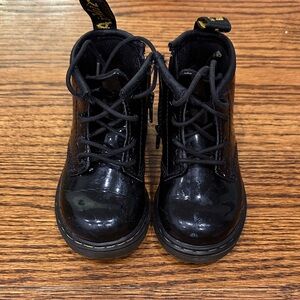 Dr. Martens Black Patent Kids Lace-Up Ankle Boots with Yellow Stitching